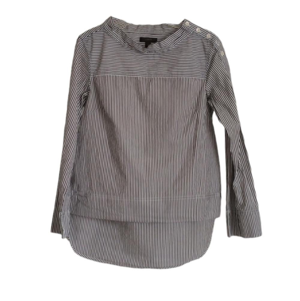 JCrew Womens Blouse Sz 2P Black White Stripe High Low 100% Cotton Career Work